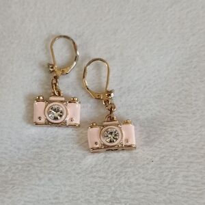 Betsey Johnson Gold and Pink Camera Charm Drop Earrings